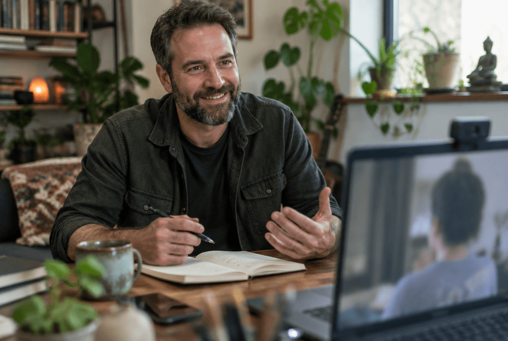 Life coach on a video call with a new client from a home studio