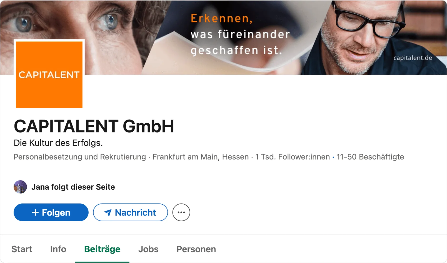Screenshot vom Linkedin Banner Design einer B2B Talentscoutingfirma. Das Logo ist weiß auf orange und das Panorama zeigt konzentrierte Experten.