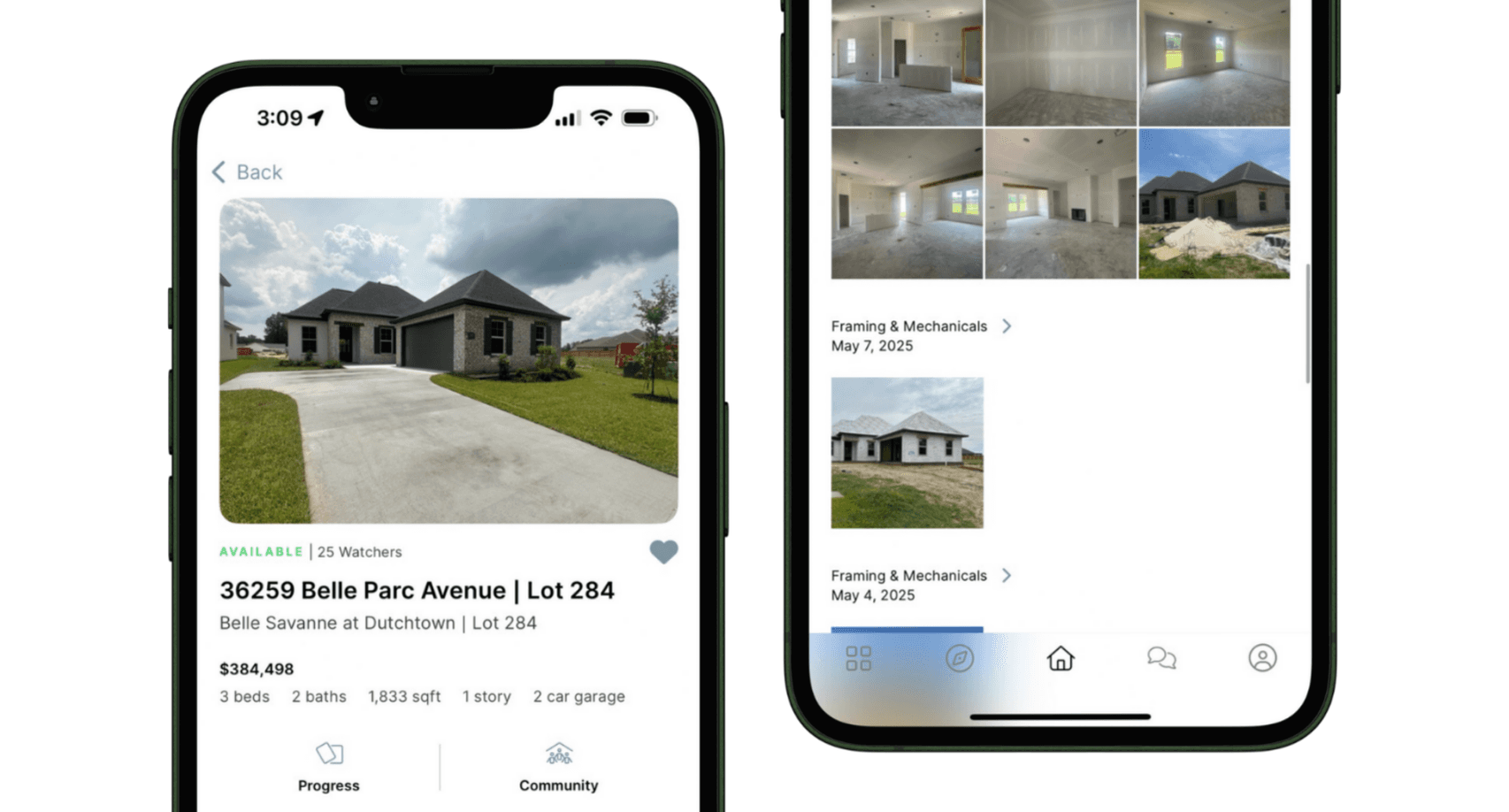 Phones showing a home listing with progress photos in the NoviHome app