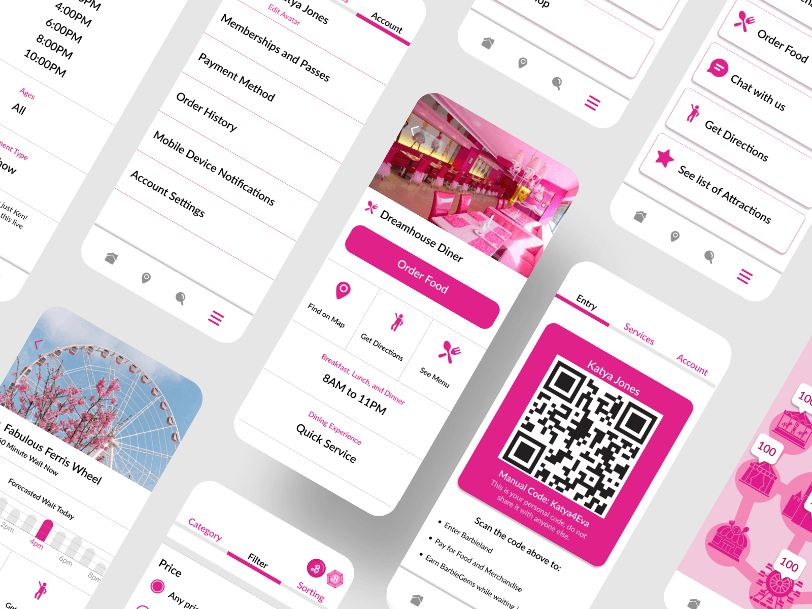 A mockup of mobile screens for the Barbieland app design.