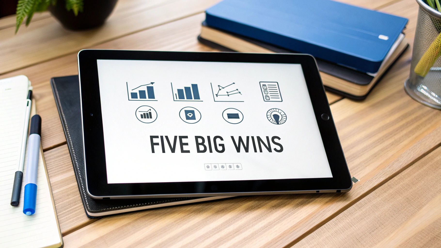 A tablet screen displaying 'FIVE BIG WINS' with various business and chart icons on a wooden desk.