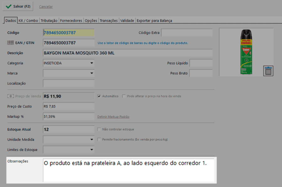 Tela de cadastro de produto do Nex, com destaque no campo de observações