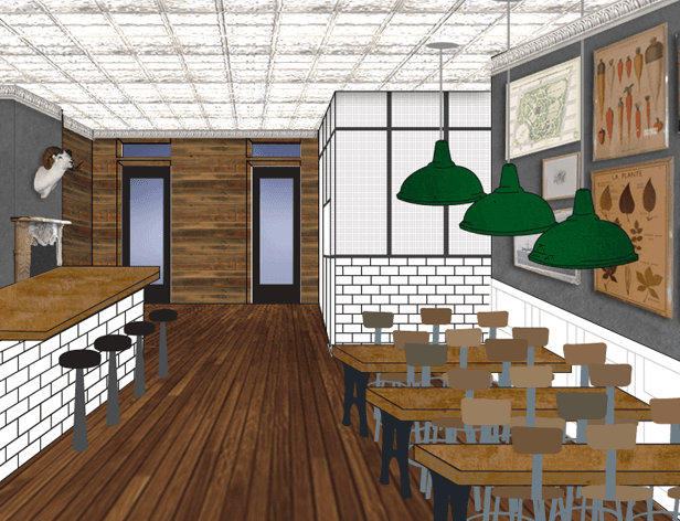 A rendering of a restaurant interior shows a long wooden floor, white brick walls, and a bar with black stools on the left. Multiple tables with brown chairs are arranged along the right side. Green pendant lights hang from the ceiling, and framed artwork decorates the walls. A white tiled section is visible near the back wall.