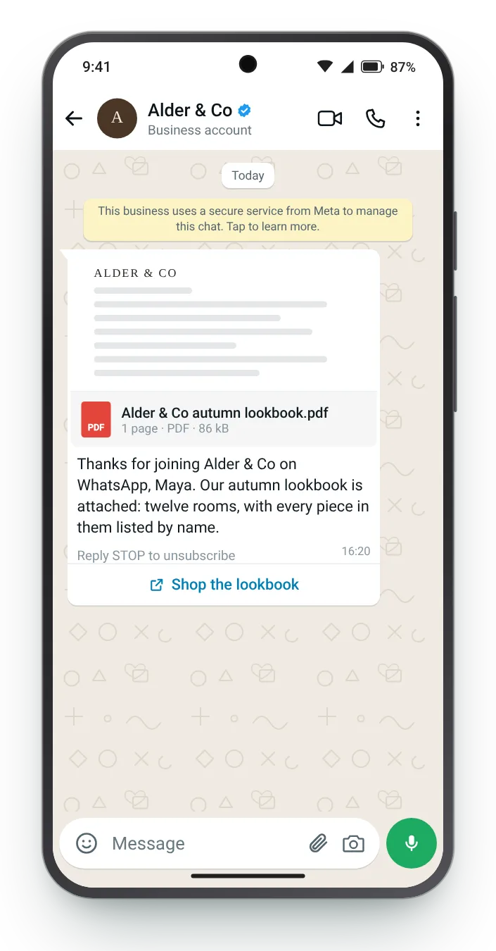 A lookbook sent as a document: WhatsApp greeting message on an Android phone