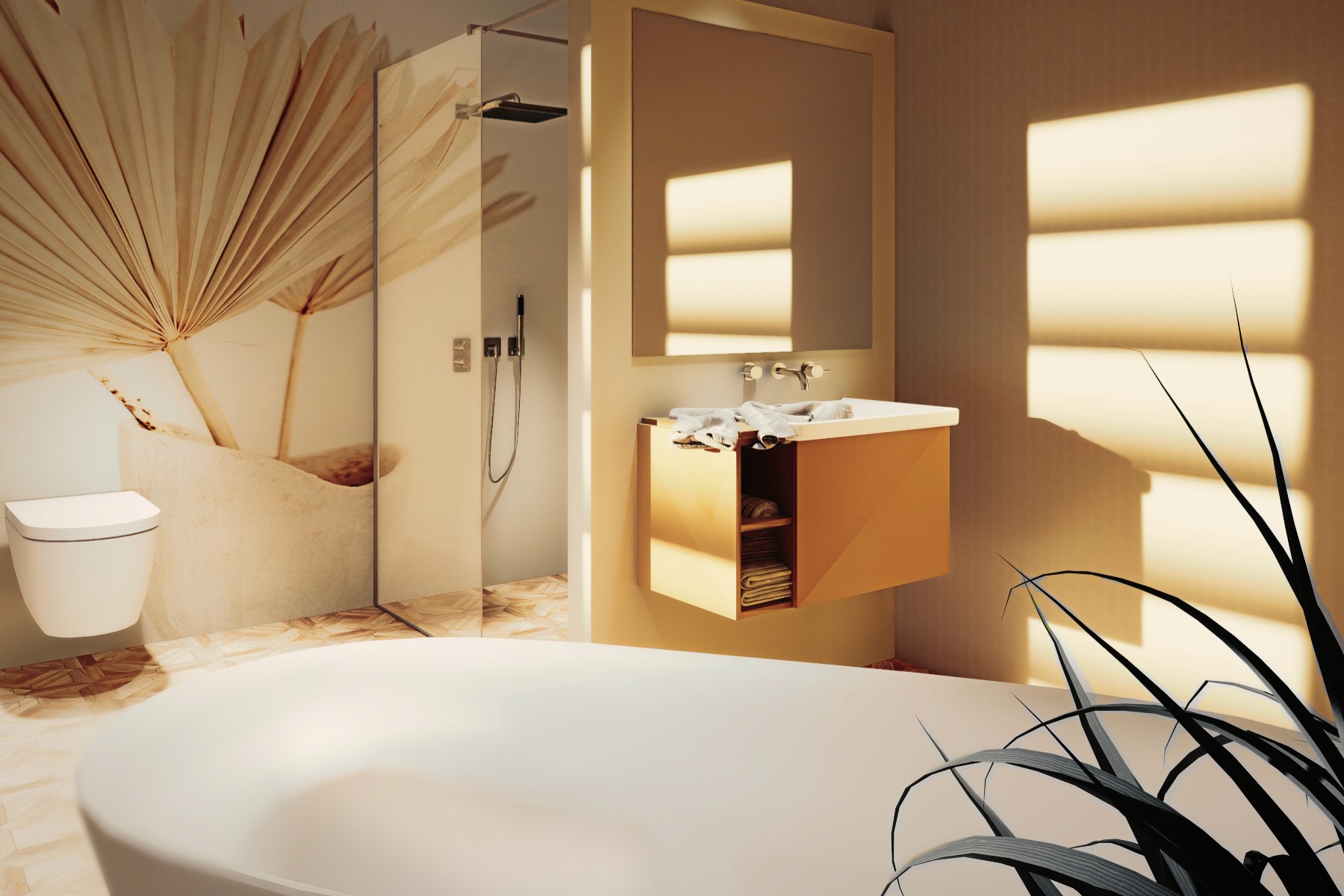 Freistehende Wanne vor bodentiefen Fenster mit Dekoration.