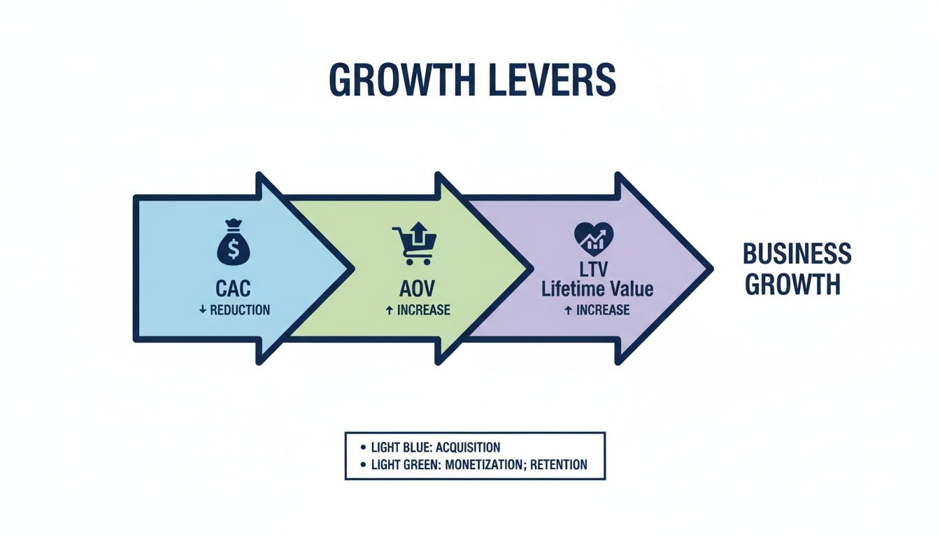 Flowchart illustrating three growth levers: CAC reduction, AOV increase, and LTV increase, leading to business growth.