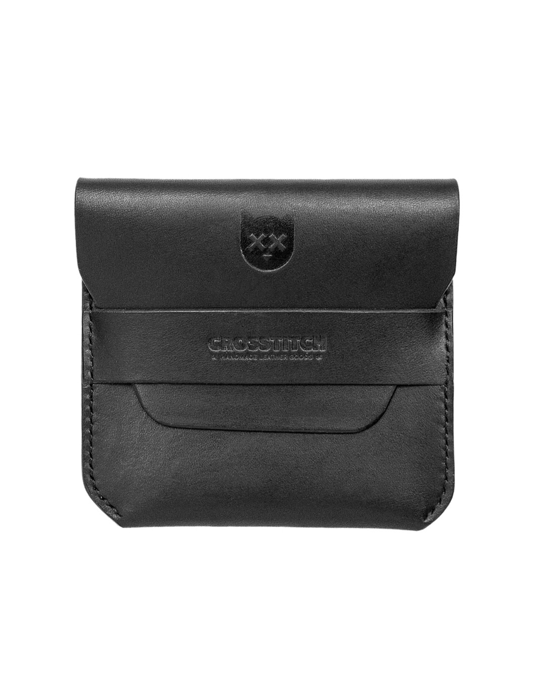 Crosstitch Leather handcrafted black minimalist wallet with flap closure and embossed cat emblem.