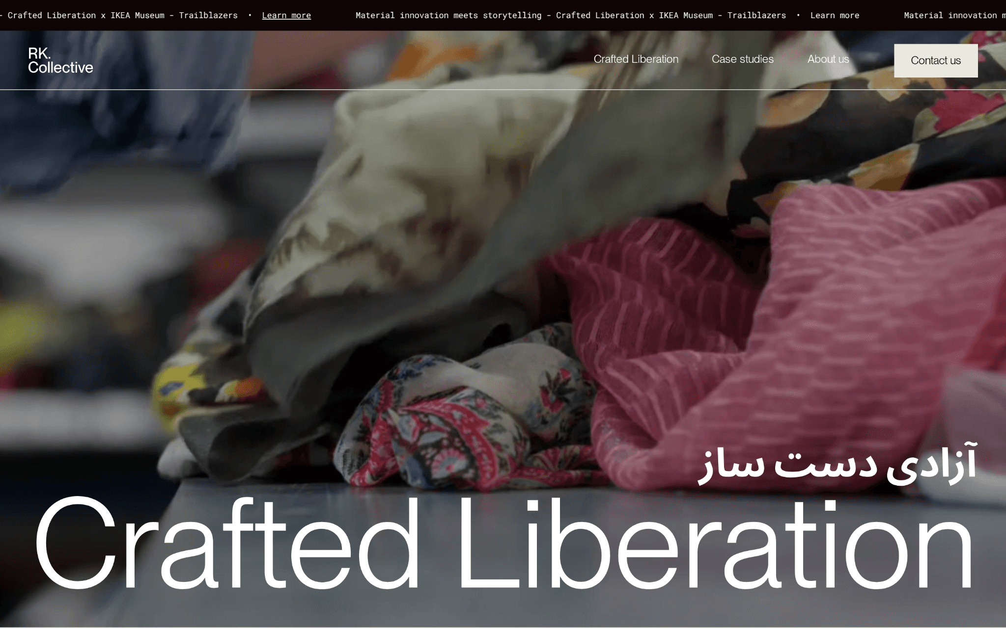 Screenshot of the Crafted Liberation website homepage, showing the RK Collective navigation, a folded-textiles photo, Farsi and English typography, and the Crafted Liberation title.