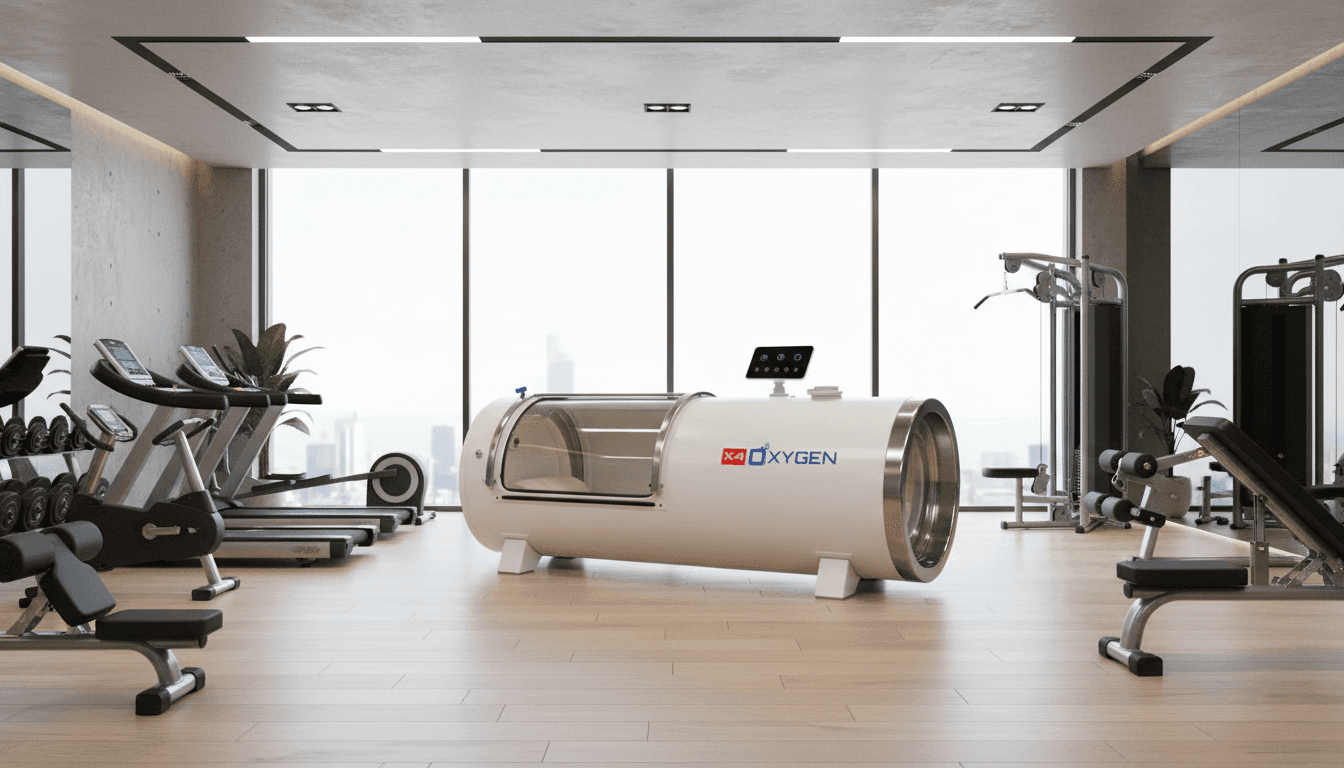 H85 X4Oxygen Moderner Fitnessraum mit hyperbarer Sauerstoffkammer, Laufbändern, Gewichten und Trainingsgeräten in einer geräumigen und hellen Umgebung.