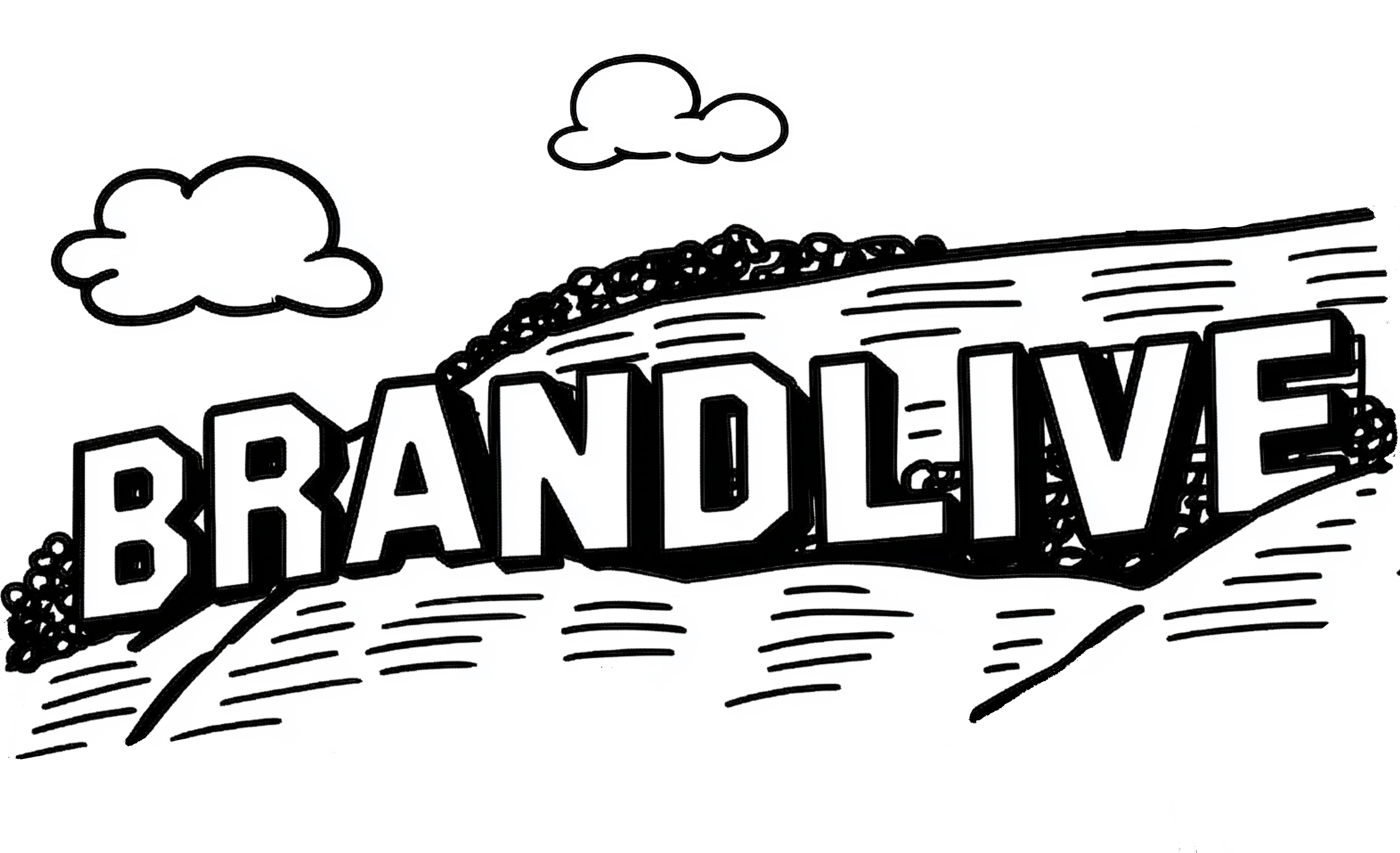 Brandlive name rendered as a Hollywood Hills-style sign with clouds and rolling hills