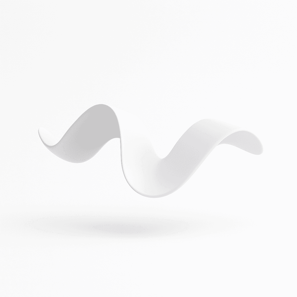 Minimalistic wave-like ribbon form in soft white tones, smooth curves and gentle shadows on a clean background.