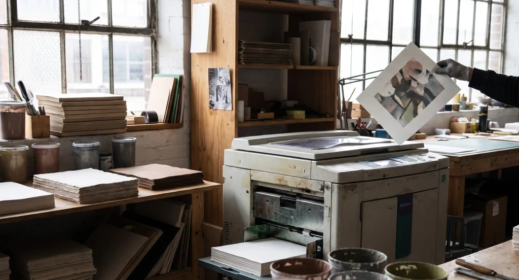 A printing press in the studio with stacks of paper