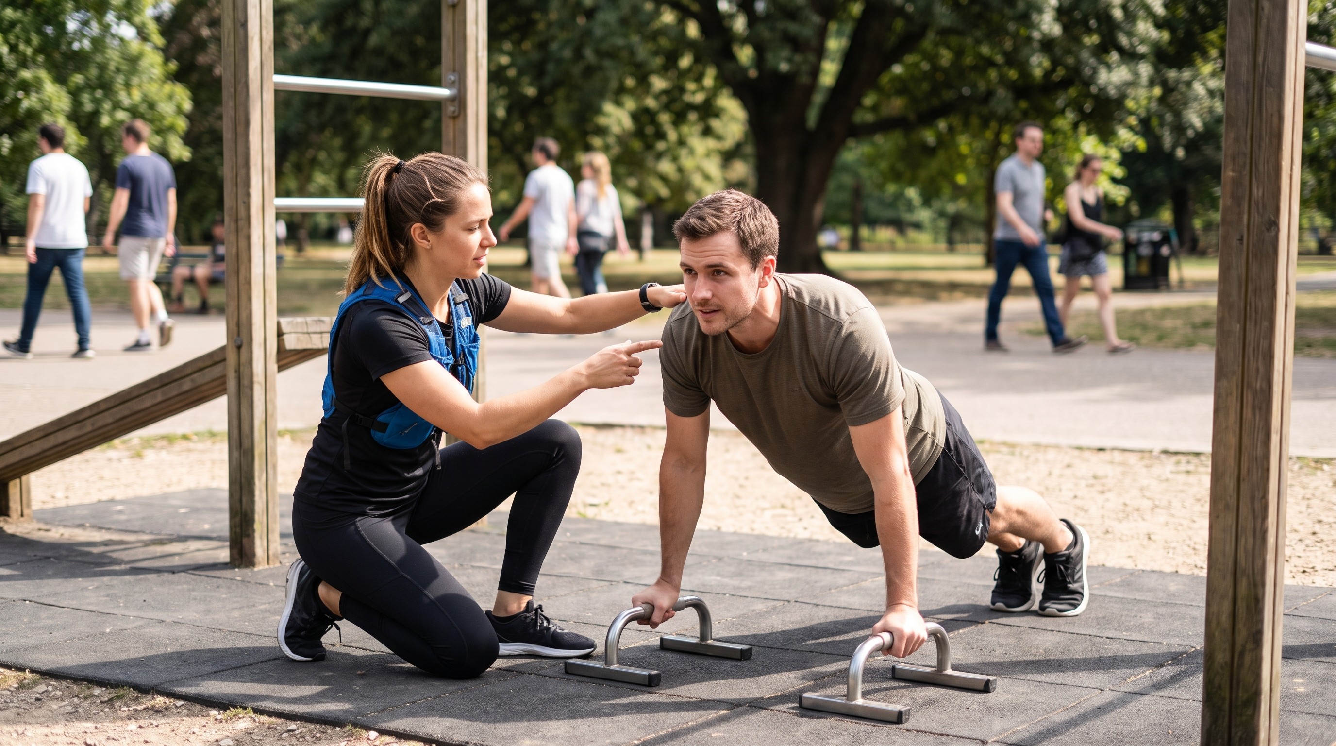 Istruttore Calisthenics AIF corregge postura di cliente durante esercizio planche progressivo all'aperto