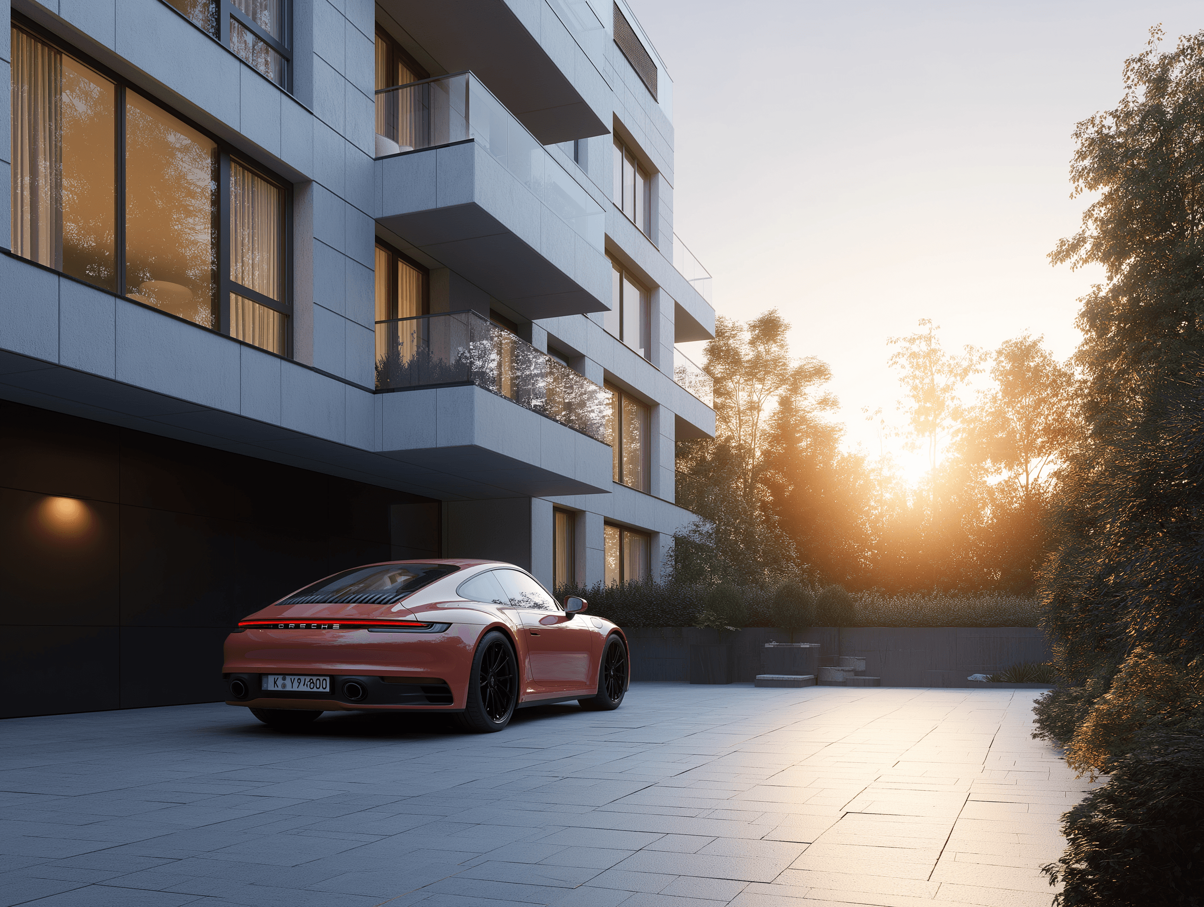 Red sports car parked in front of a modern residential building at sunset, image for an article about space arrangement.
