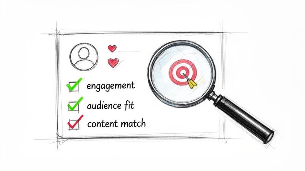 Checklist evaluating engagement, audience fit, and content match, with a magnifying glass on a bullseye target.