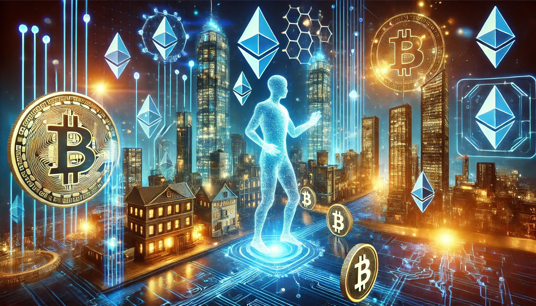 Crypto-themed image featuring charts, digital coins, and market trends, representing cryptocurrency trading and blockchain technology.