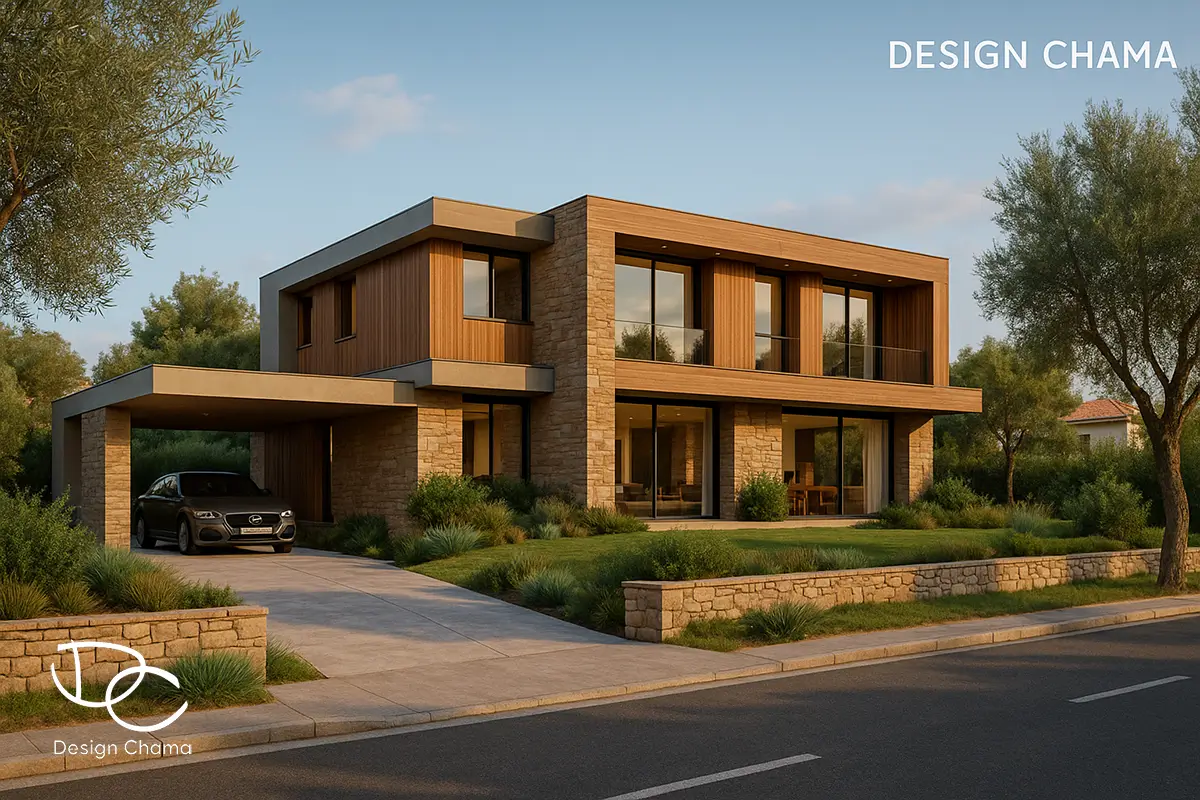 Πολυτελής μοντέρνα κατοικία στο Λαγονήσι με πέτρα, ξύλο και μεγάλα ανοίγματα.