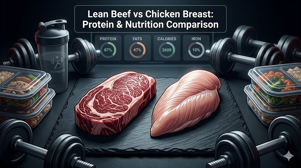 A digital infographic comparing raw lean beef steak and chicken breast on a slate board, flanked by dumbbells, a shaker bottle, and meal prep containers. A digital macro tracker shows data for protein, fats, and calories, featuring the title 'Lean Beef vs Chicken Breast: Protein & Nutrition Comparison.'