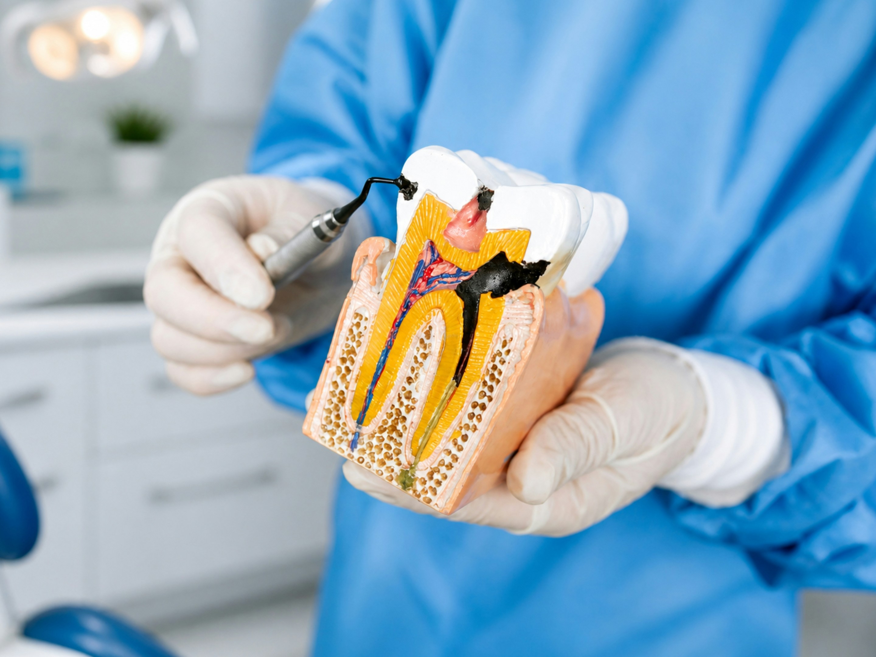 Dentist showing a model of a damaged tooth