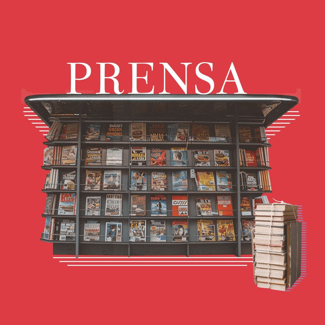 Quiosco de revistas con pilas de periódicos, fondo rojo.