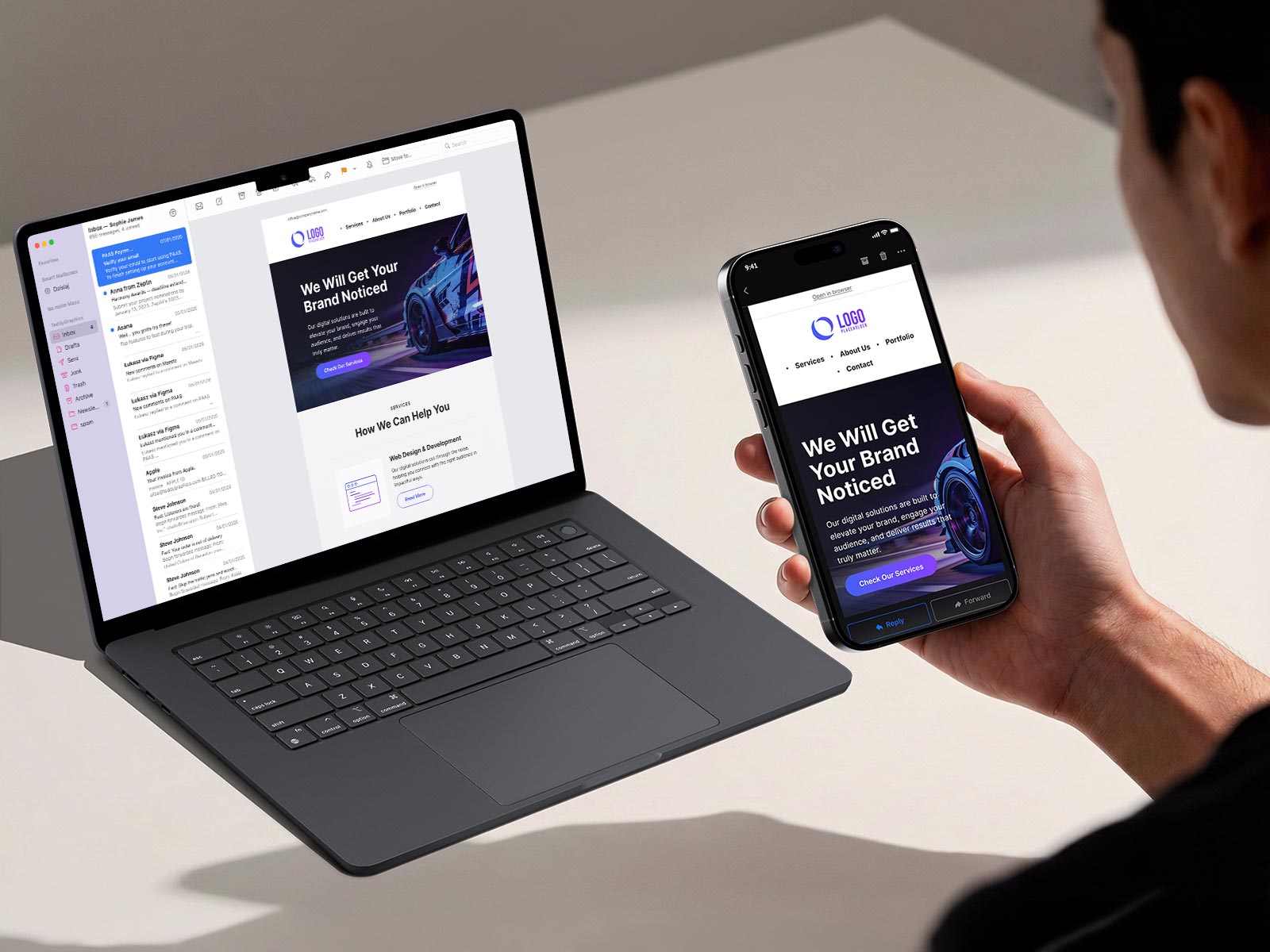 Person viewing Kora newsletter on smartphone and laptop simultaneously, demonstrating email compatibility across devices