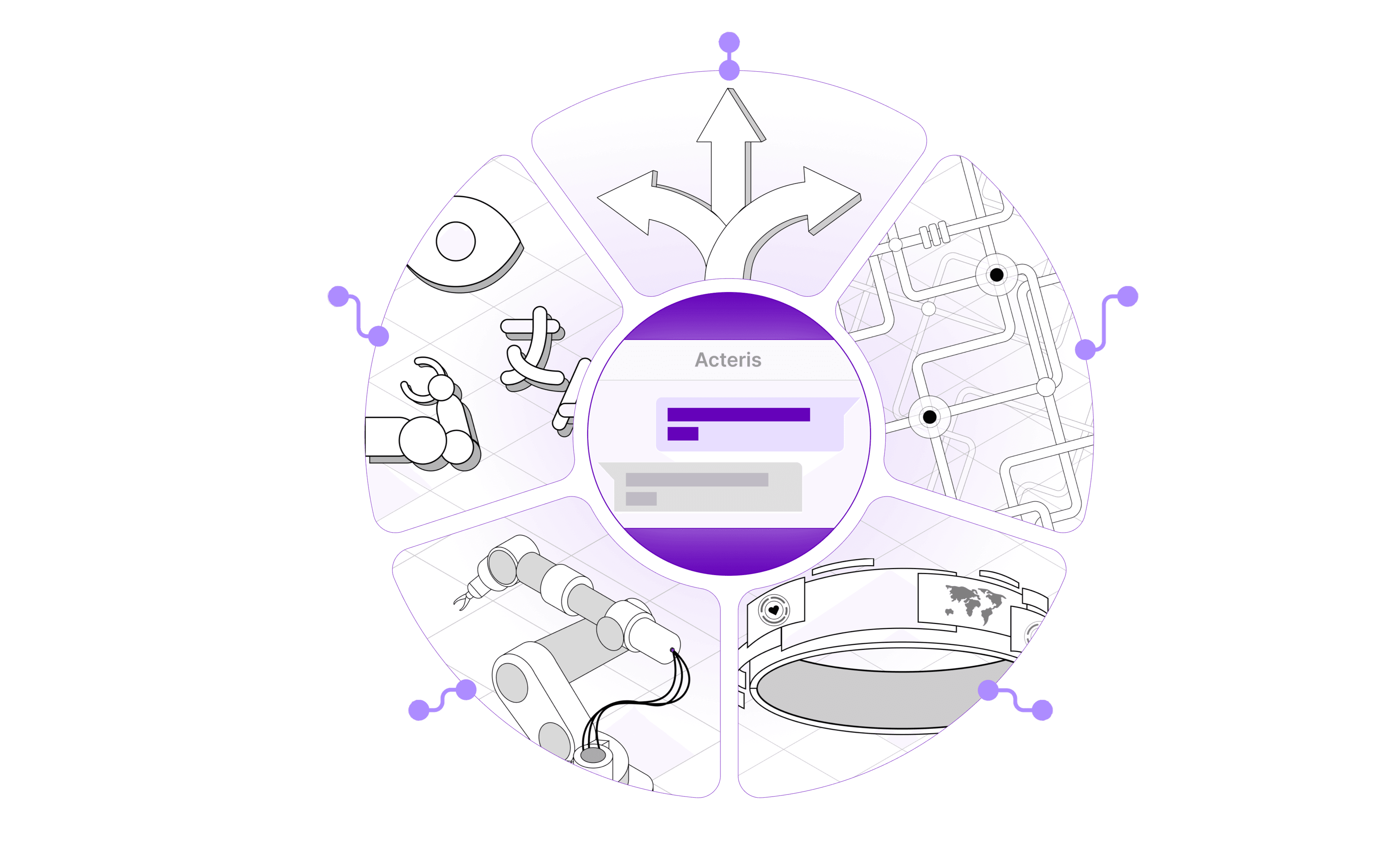 A circular diagram featuring a central circle with various symbols or icons around it, all in a light color scheme.