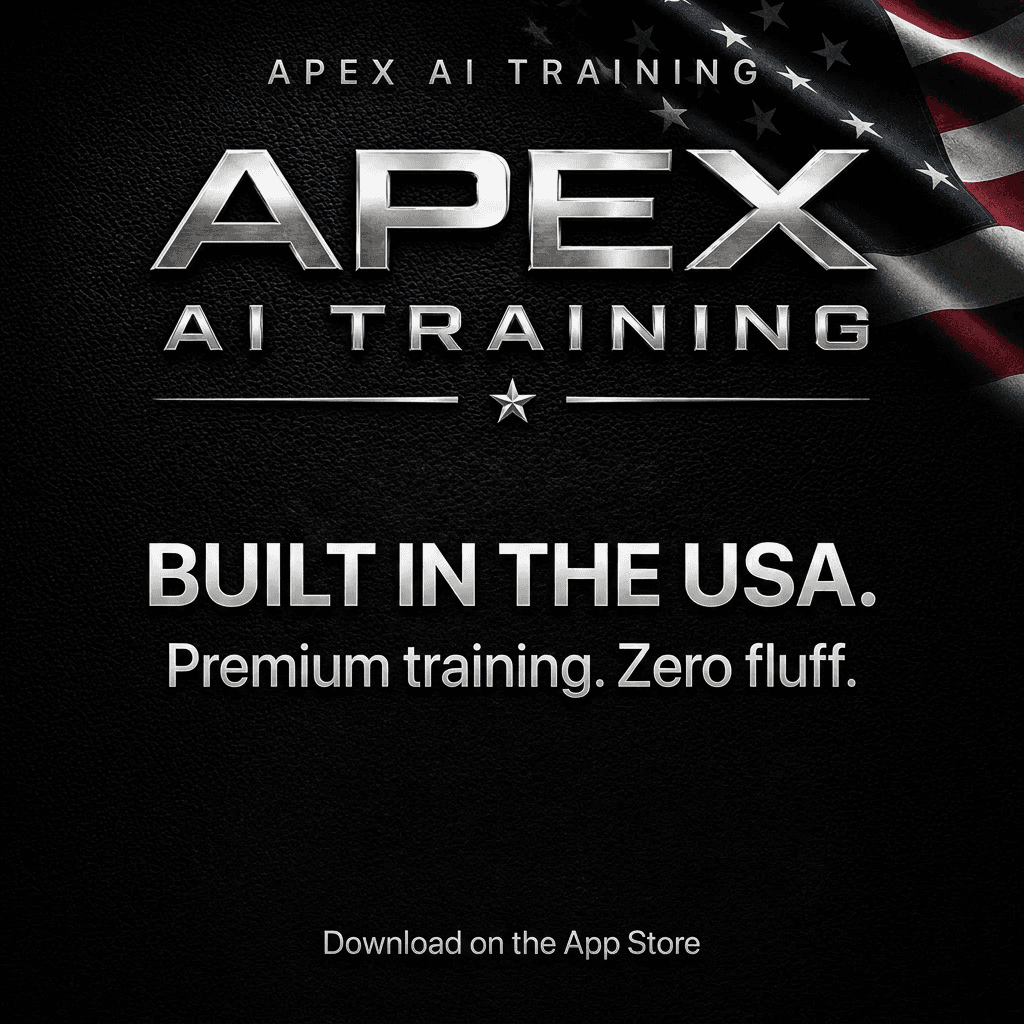 Apex AI Training promotional graphic with American flag and “Built in the USA” slogan on dark textured background.