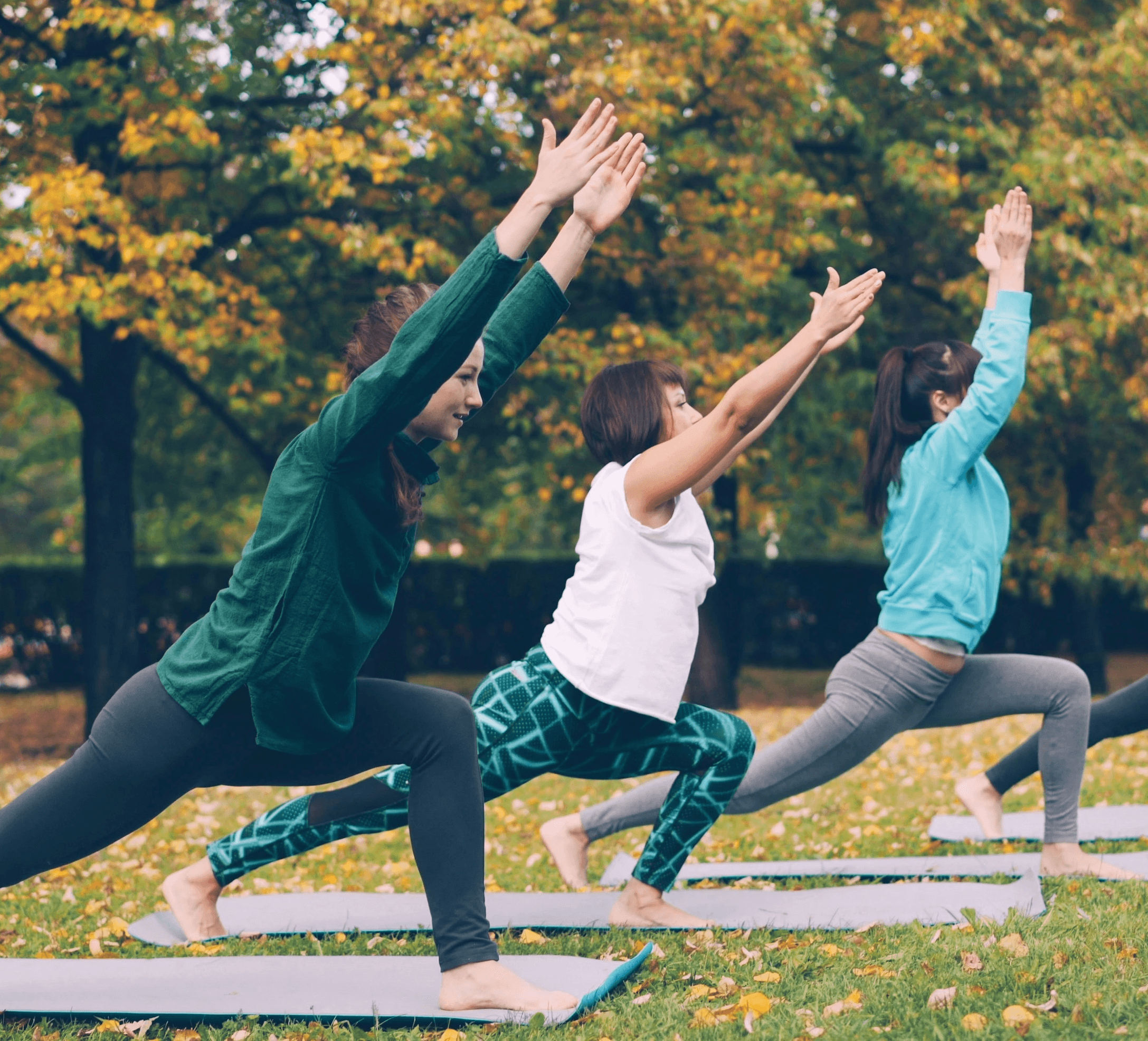 Four people practicing yoga outdoors in autumn park.