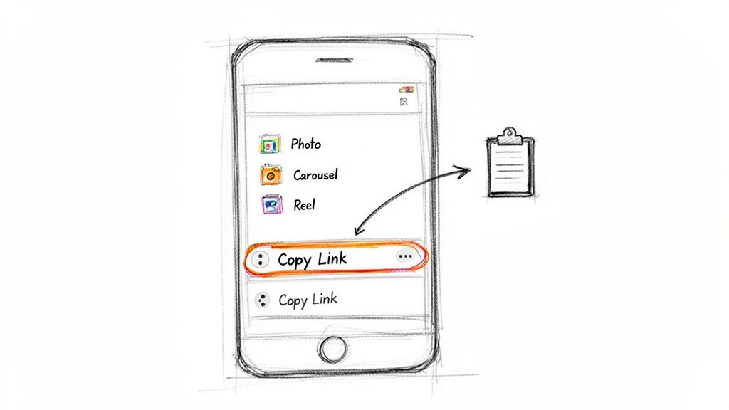 A hand-drawn smartphone displays a menu with 'Copy Link' highlighted, indicating it's being copied to a clipboard.