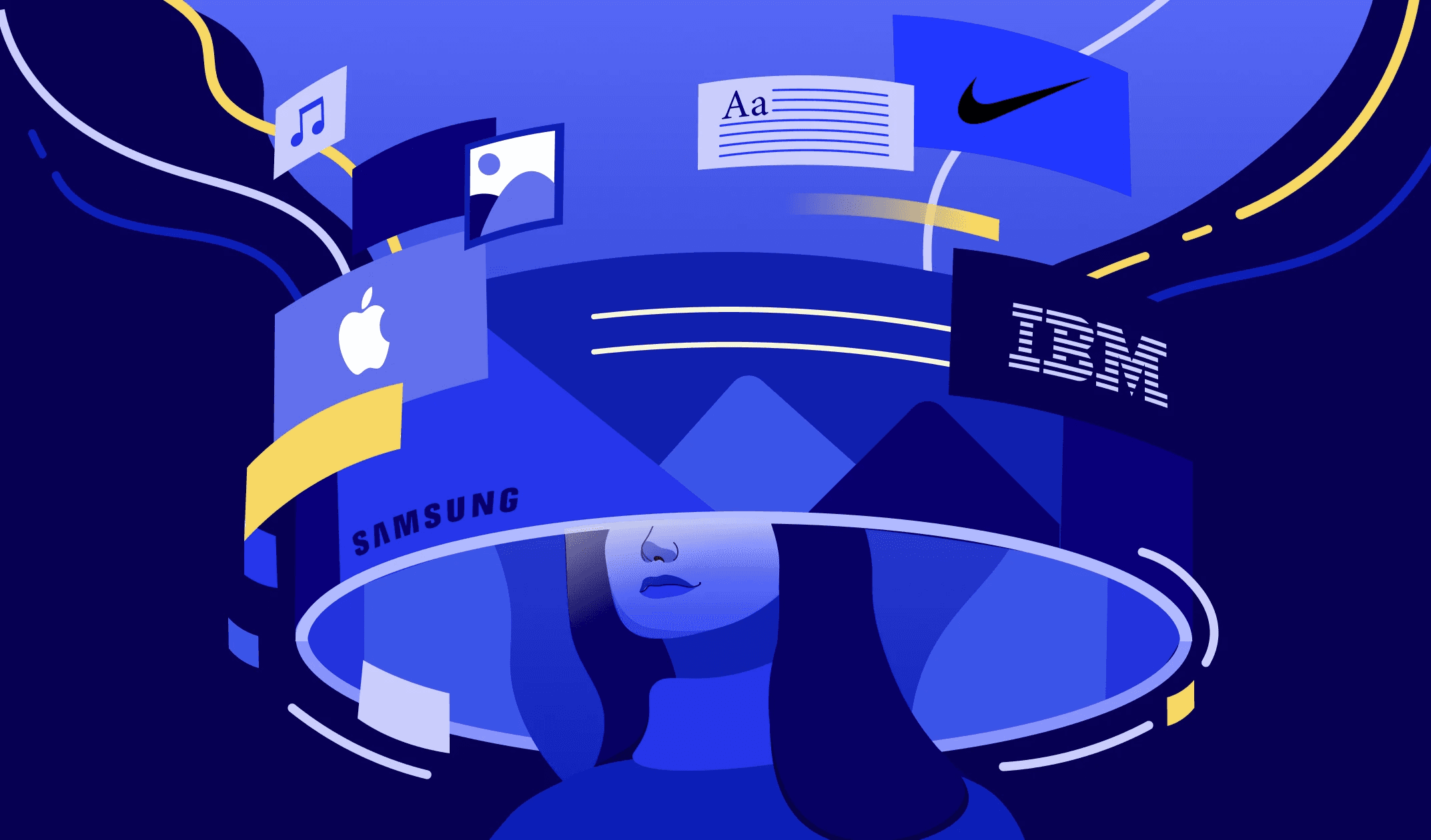 A close-up of a hand wearing multiple decorative rings against a blue background.