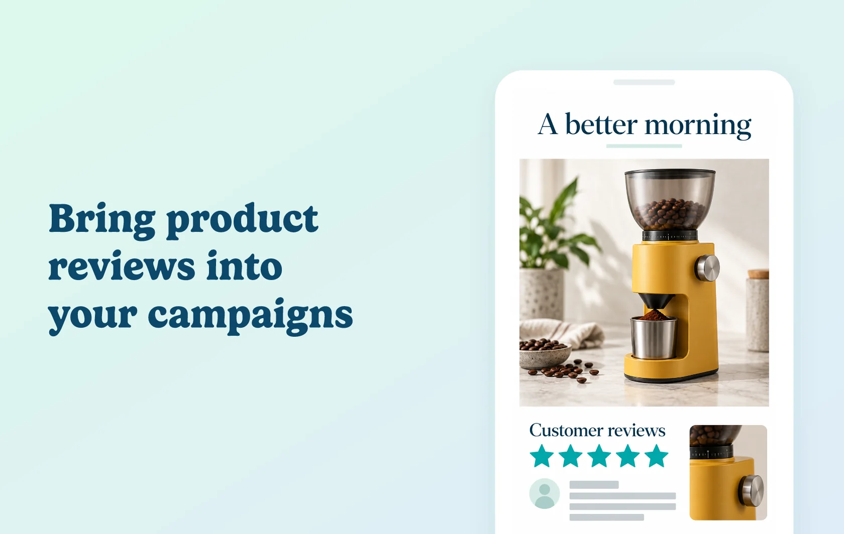 Judge.me and Zipify integration: illustration of a campaign page with reviews for the featured coffee grinder.