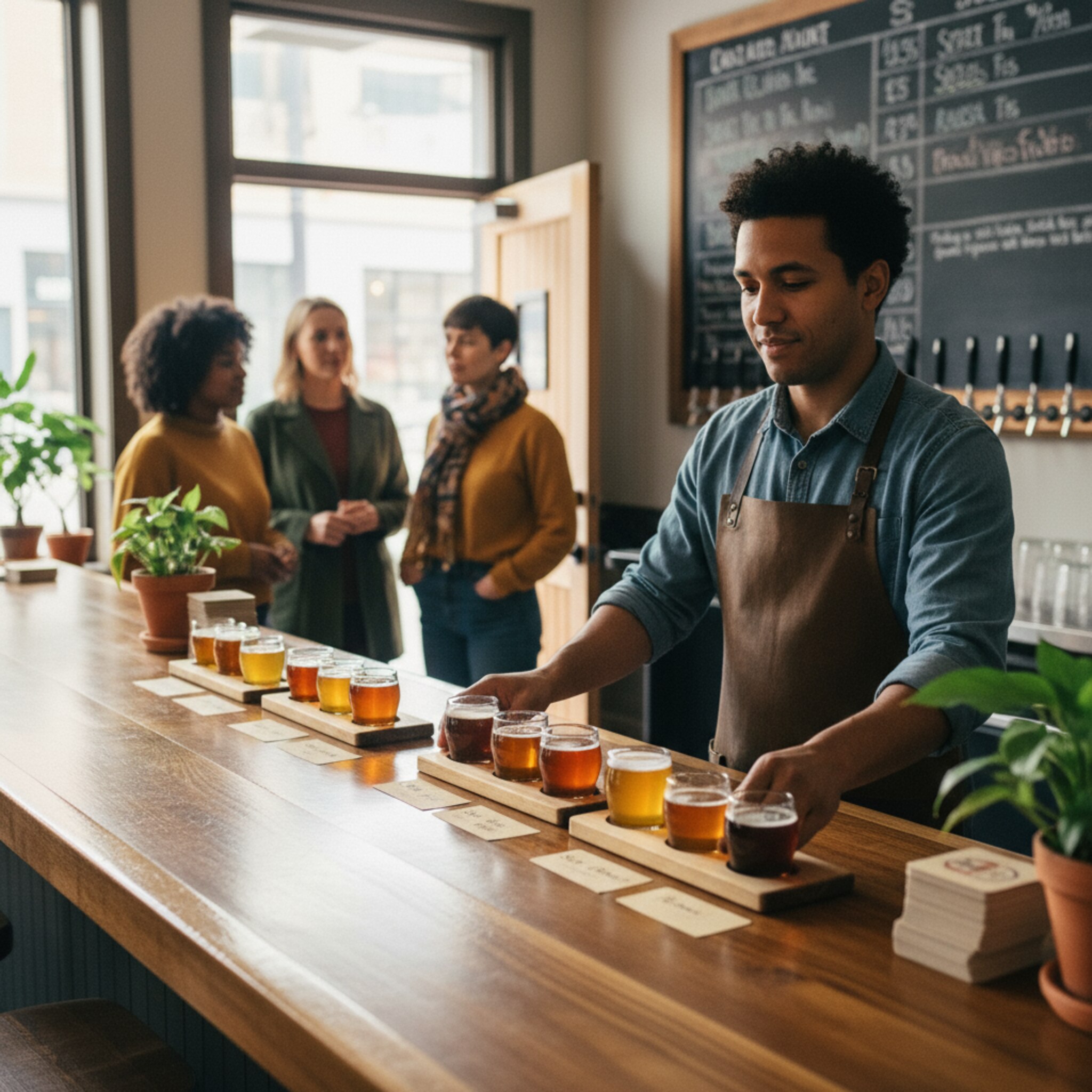 Im Verkostungsraum stellt eine Mitarbeiterin frische Flights auf ein vorbereitetes Board. Neben den Plätzen liegen kleine Karten mit Biernamen und Aromen. Sonnenlicht streift den Tresen, die Gläser spiegeln warm. Eine Tür öffnet sich, die nächste Gruppe tritt erwartungsvoll ein.
