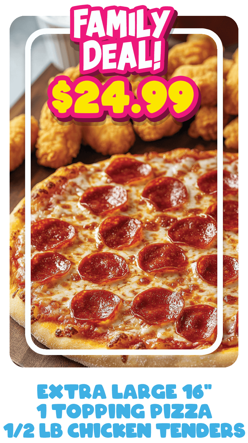 Family Deal Coupon – 16" XL one-topping pizza with 1/2 lb chicken tenders for $24.99 at North End Pizza, Virginia Beach