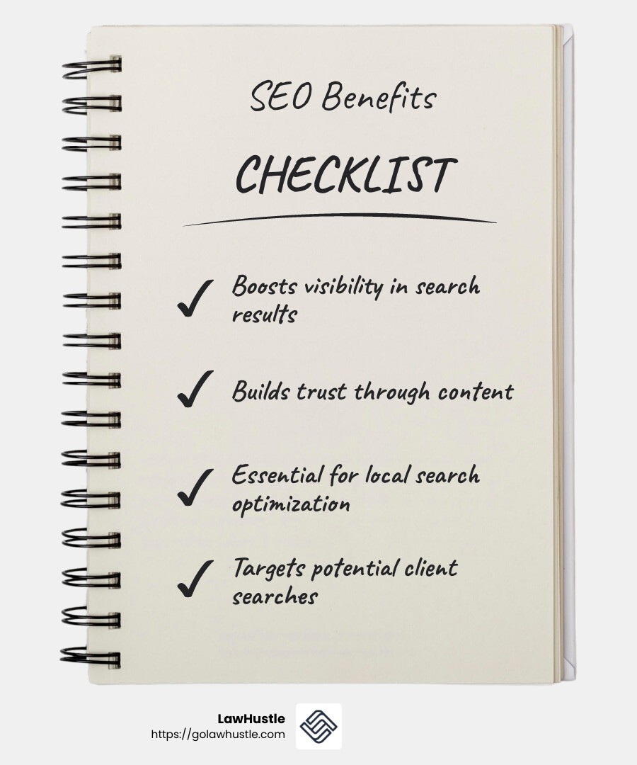 SEO helps family law firms by improving their search engine rankings, making them more visible to potential clients searching for family law services online. - digital marketing for family law firms infographic checklist-notebook