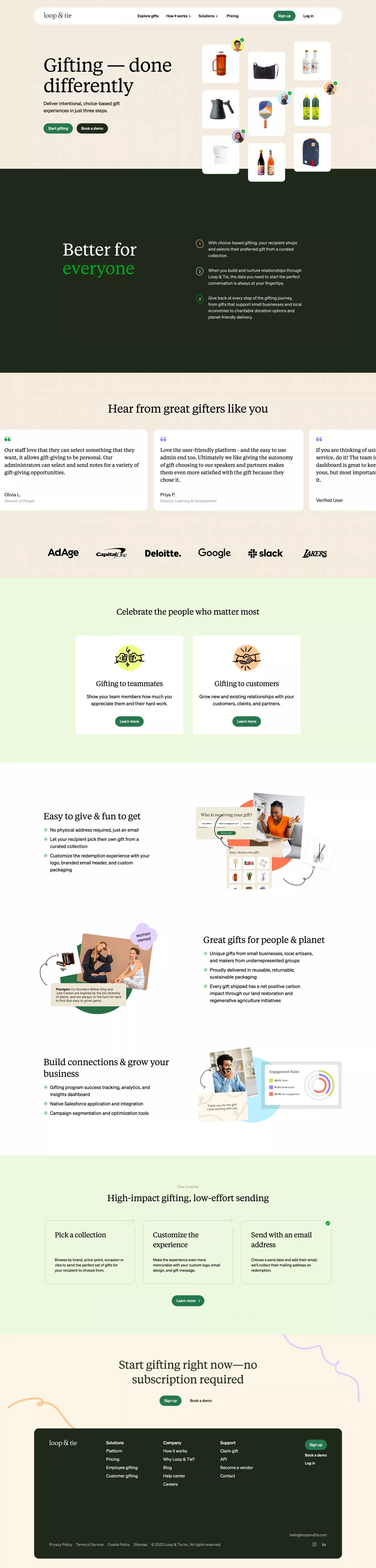 Loop & Tie * Choose Your Own Gift landing page screenshot showcasing Tech and Ecommerce design