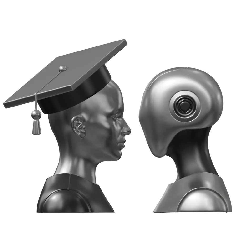 A metallic human head wearing a graduation cap, facing a metallic robot head with a smooth, rounded design and a circular eye. Both heads are shown in profile, facing each other on a white background.