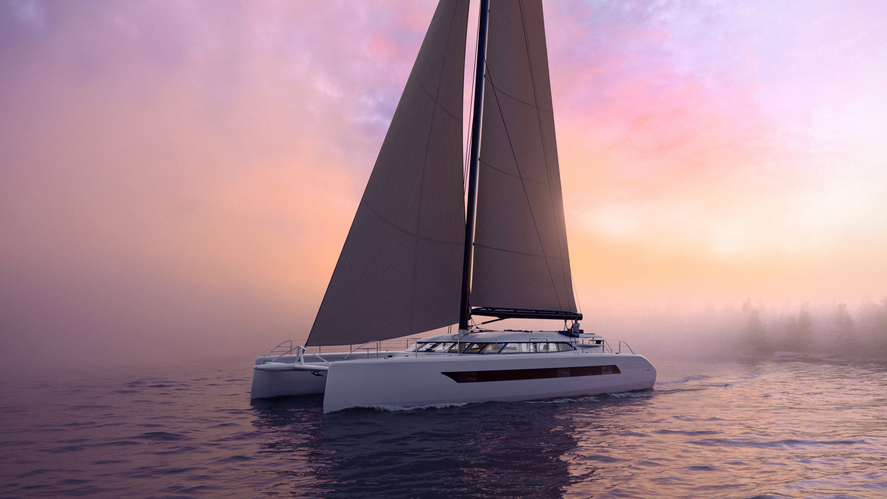 Sail catamaran rendering in the sunset environment
