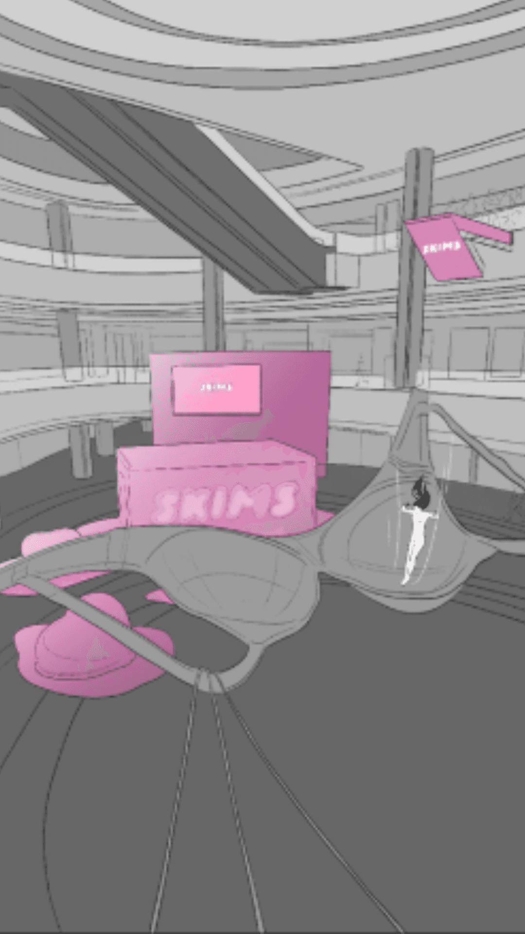 An action frame depicting the person falling through the air directly above the giant pink bra