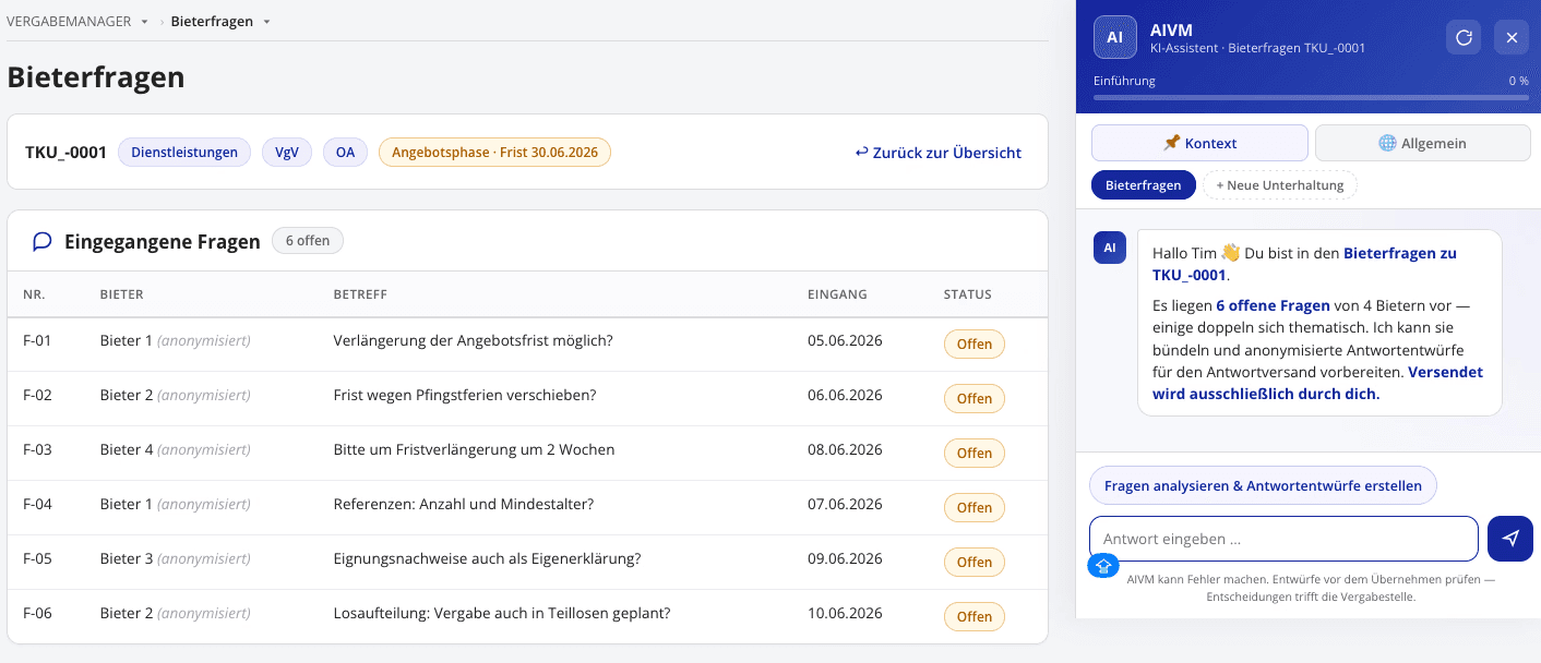 Bildausschnitt aus dem AI VERGABEMANAGER: Benutzerübersicht
