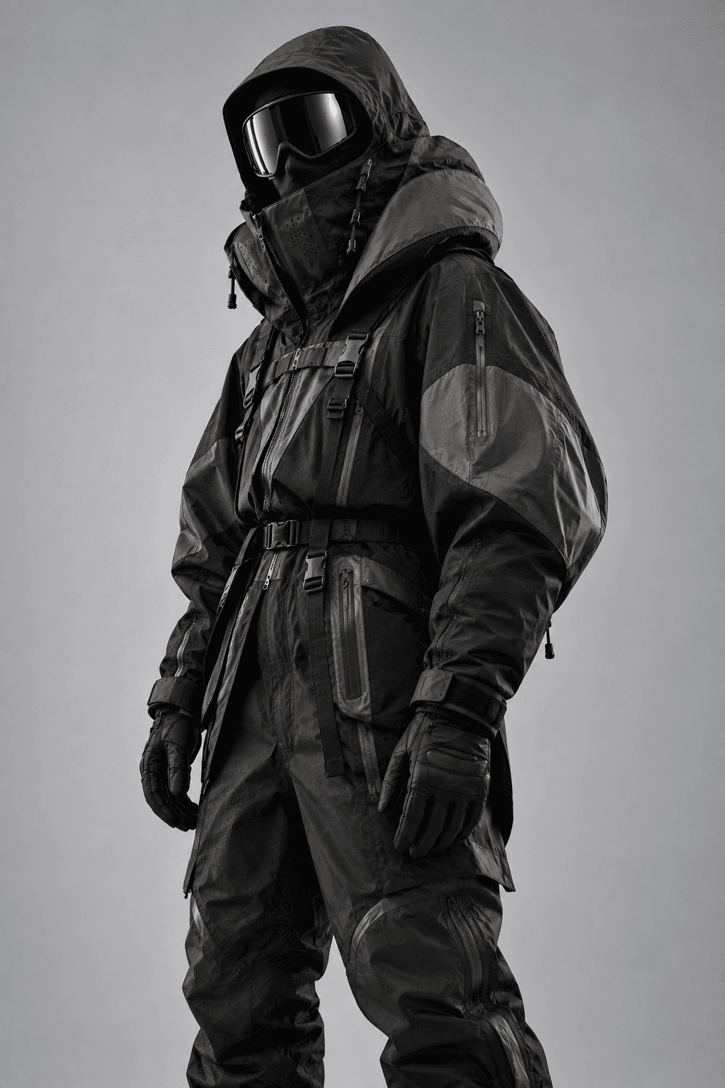 Black expedition jacket with a belted waist and layered shoulder panels