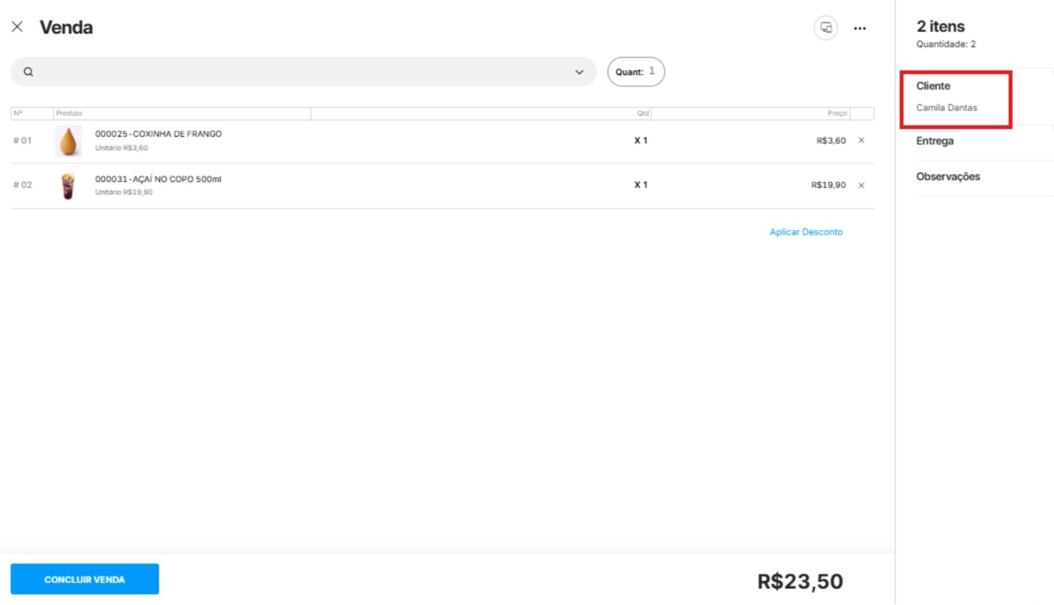 Tela de venda do sistema Nex mostrando dois produtos no carrinho, cliente identificado como Camila Dantas e total da compra de R$23,50.