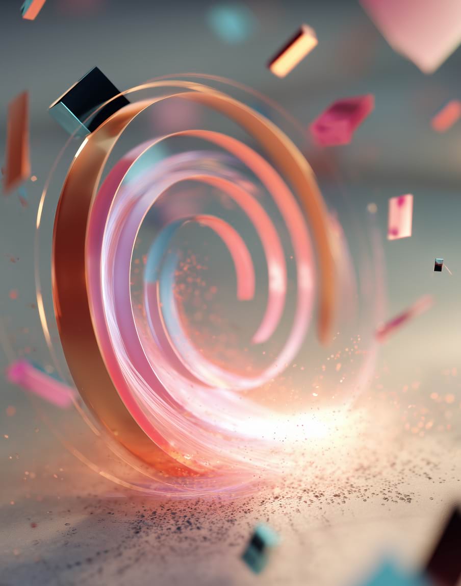 A vibrant, abstract 3D spiral in pink and orange hues swirls dynamically, surrounded by floating geometric shapes. The scene conveys motion and energy.