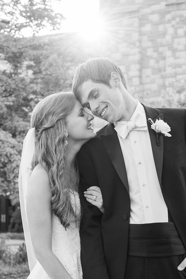 Black and white portrait of bride and groom at Covenant Presbyterian Church