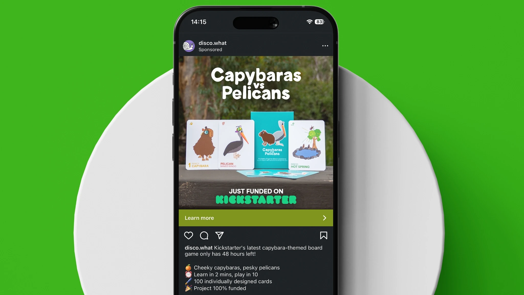 Instagram ad for Capybaras vs Pelicans on a mobile phone.