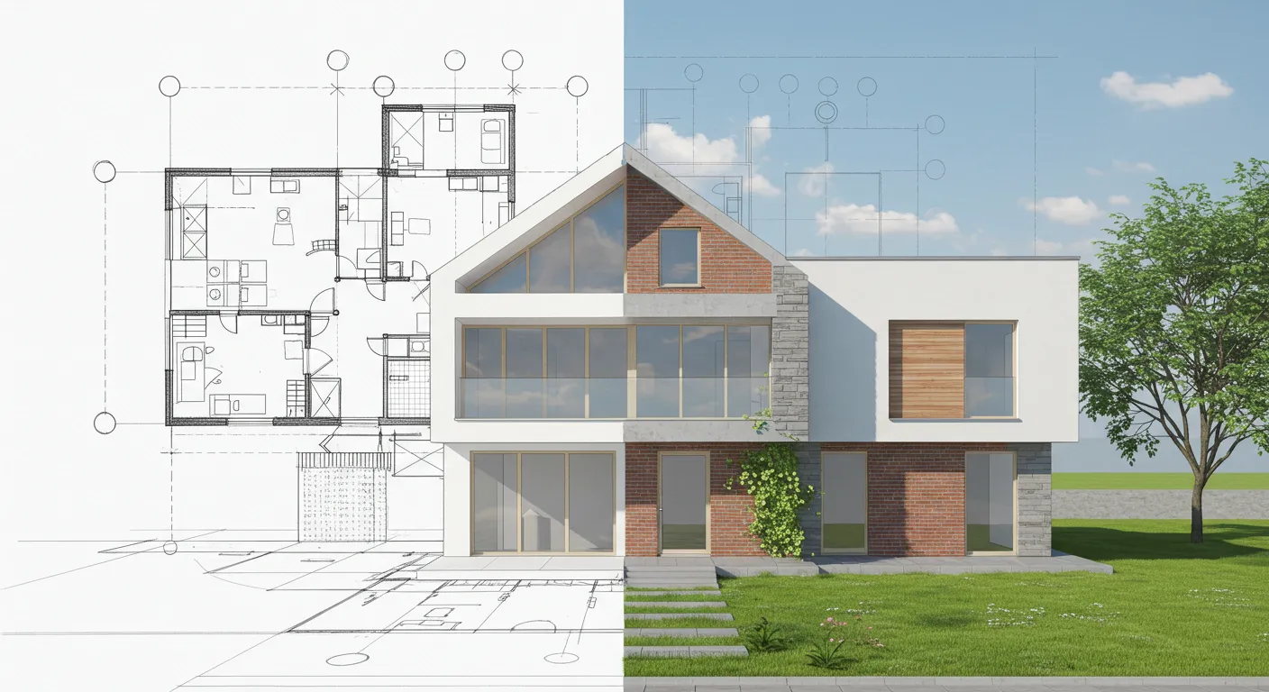 Architectural design showing a house layout on the left and a 3D rendering of the completed home on the right.