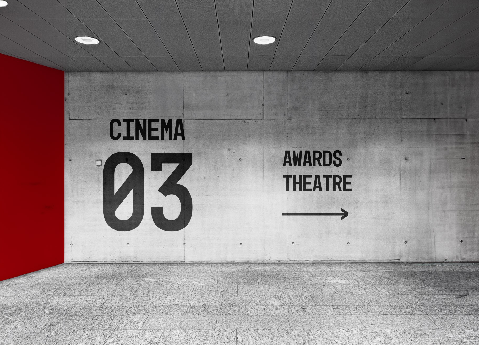 Interior shot of the underground theatre hall signage pointing to the right, leading viewers towards the Awards Theatre