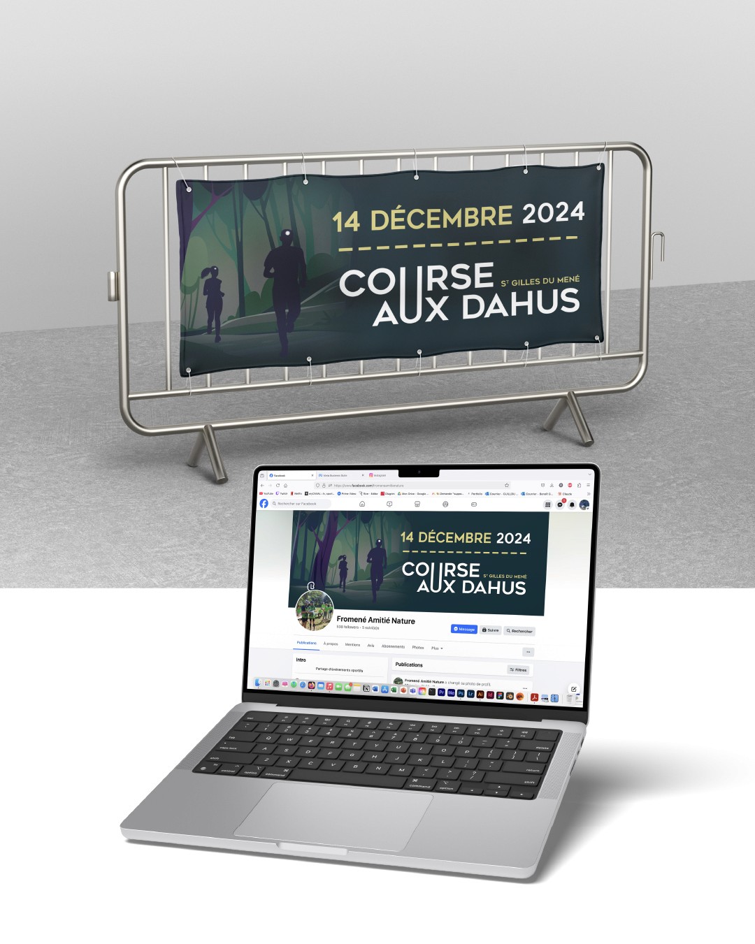 Présentation des supports événementiels de la Course aux Dahus : banderoles, affiches et signalétique terrain