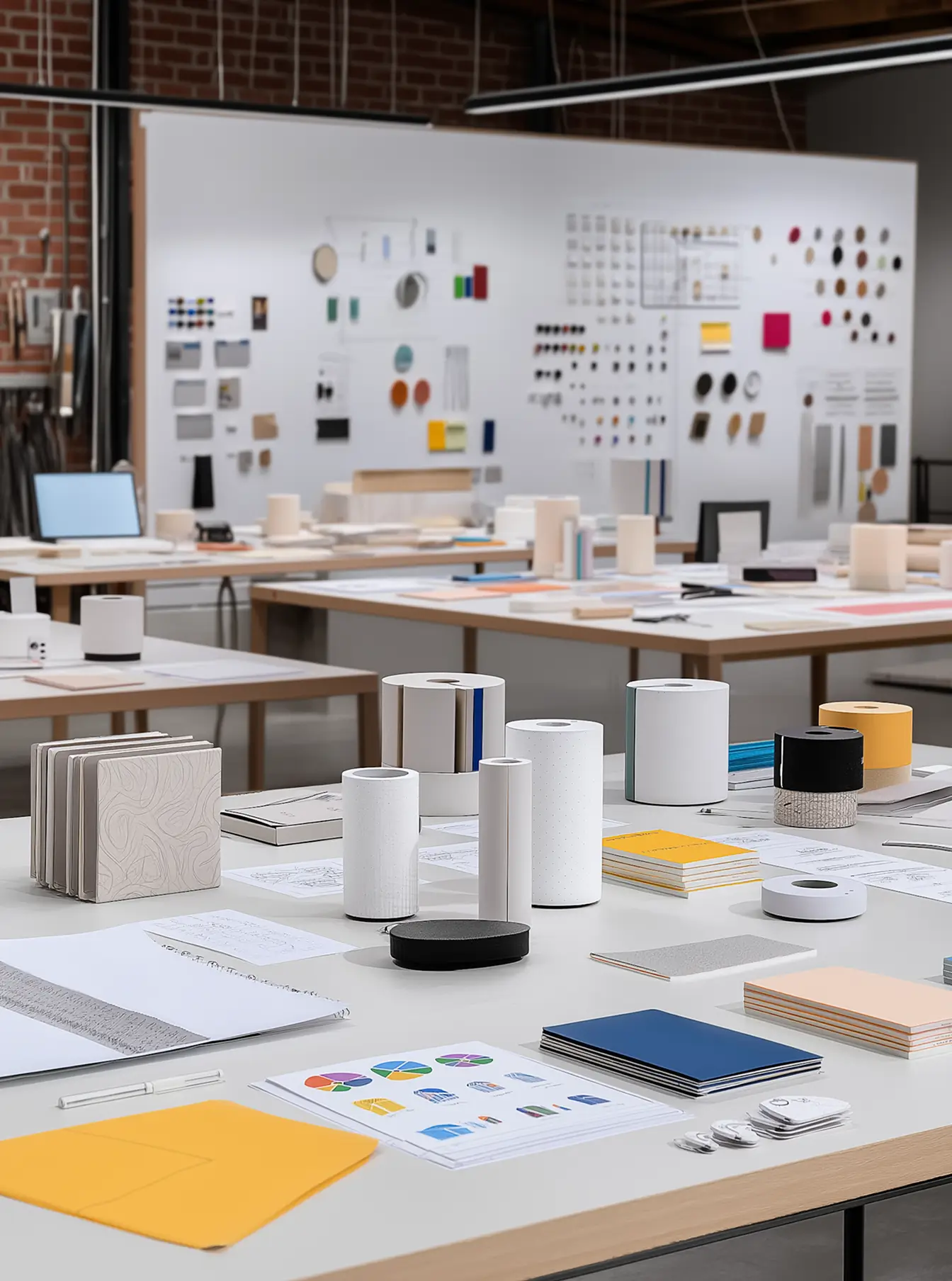Workspace with tables covered in design materials and samples.