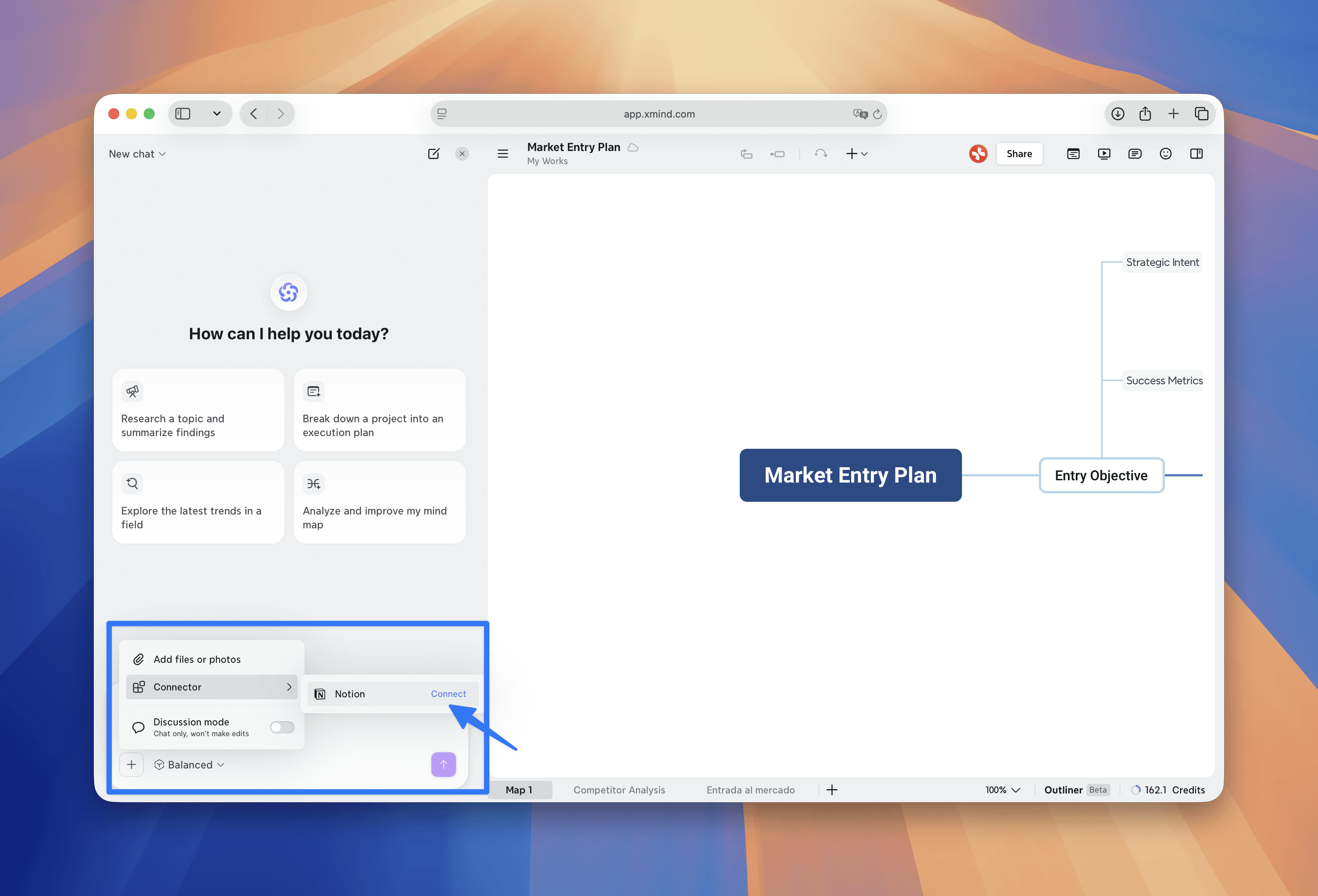 The Connector settings show how to connect a Notion account before sending a mind map to Notion.