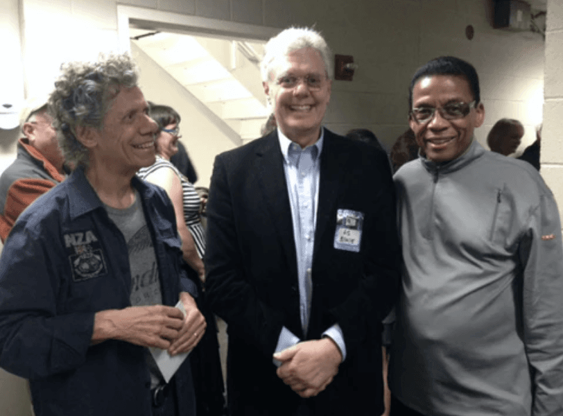 Chick Corea, Larry J Villella, and Herbie Hancock back stage on opening night of their second duet tour